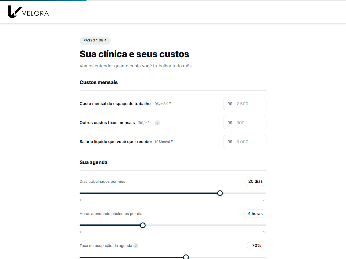 Tela real da calculadora de precificação da Velora